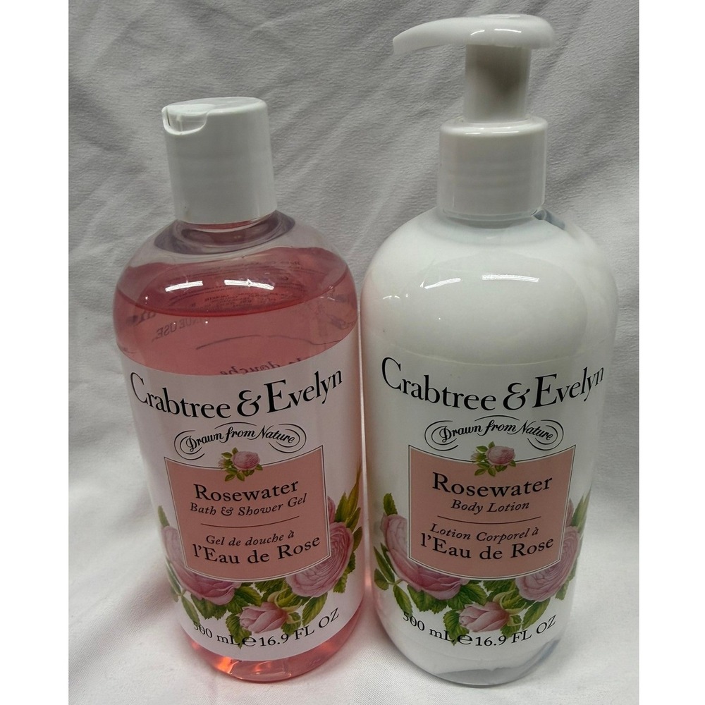 Crabtree & Evelyn NEW Set of Rosewater Shower Gel and Body Lotion 16.9 Fl Oz